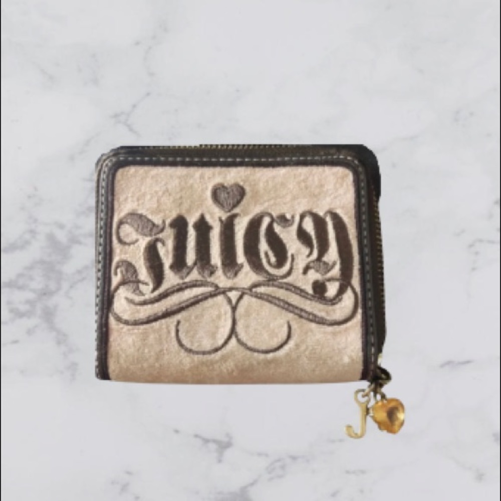 Juicy Couture Velvet/Leather Zippered Wallet in Tan/Chocolate Brown